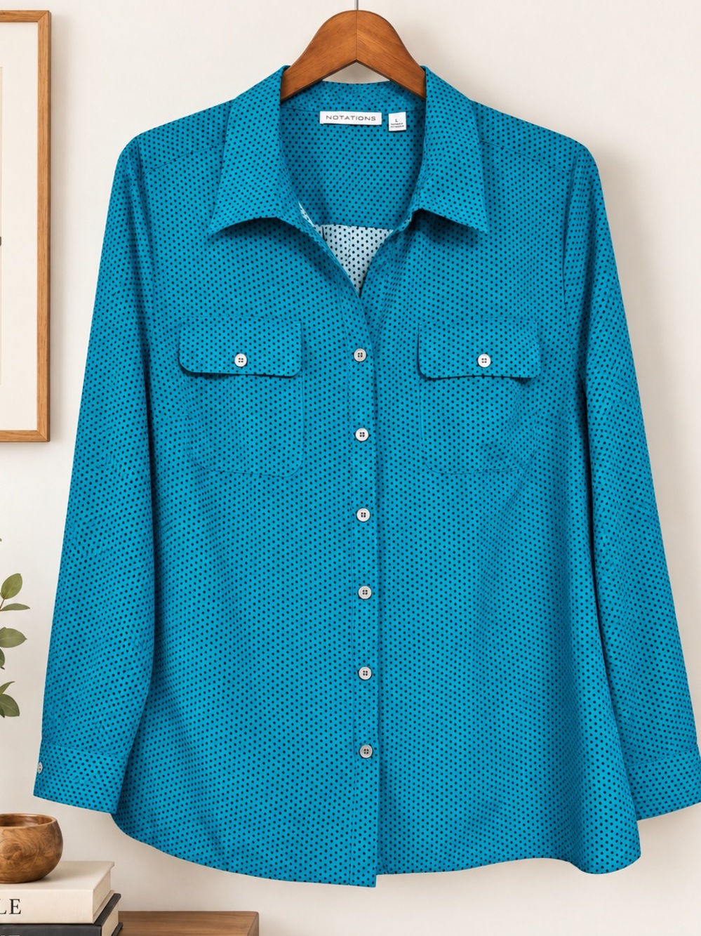 Notations Teal Black Polka Dot Button Front Blouse Tab Sleeve L Career Preppy